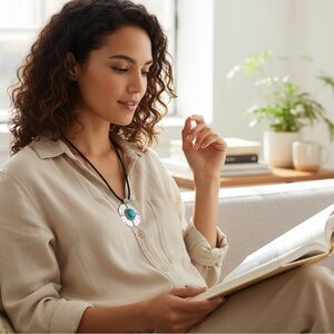 Boho Statement Necklace Large Round Pendant Faux Turquoise Leather Cord